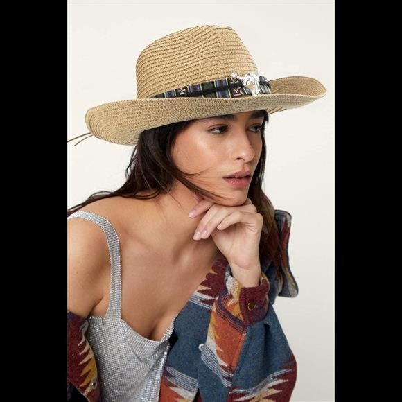 Men & Women\'s Straw Western Cowboy Cowgirl Sun Hat with Hat Band main image 7